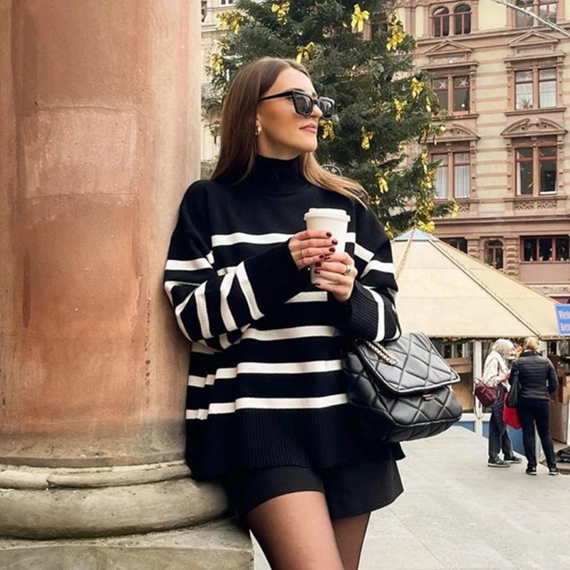 Black and White Striped Turtleneck Sweater - Women's Pullover