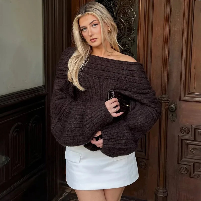 Off-Shoulder Sweater - Women's Retro Loose Pullover