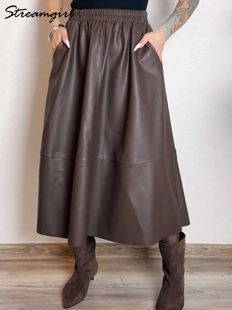 Women's Faux Leather Midi Skirt with Pockets - A-Line Elastic Waist