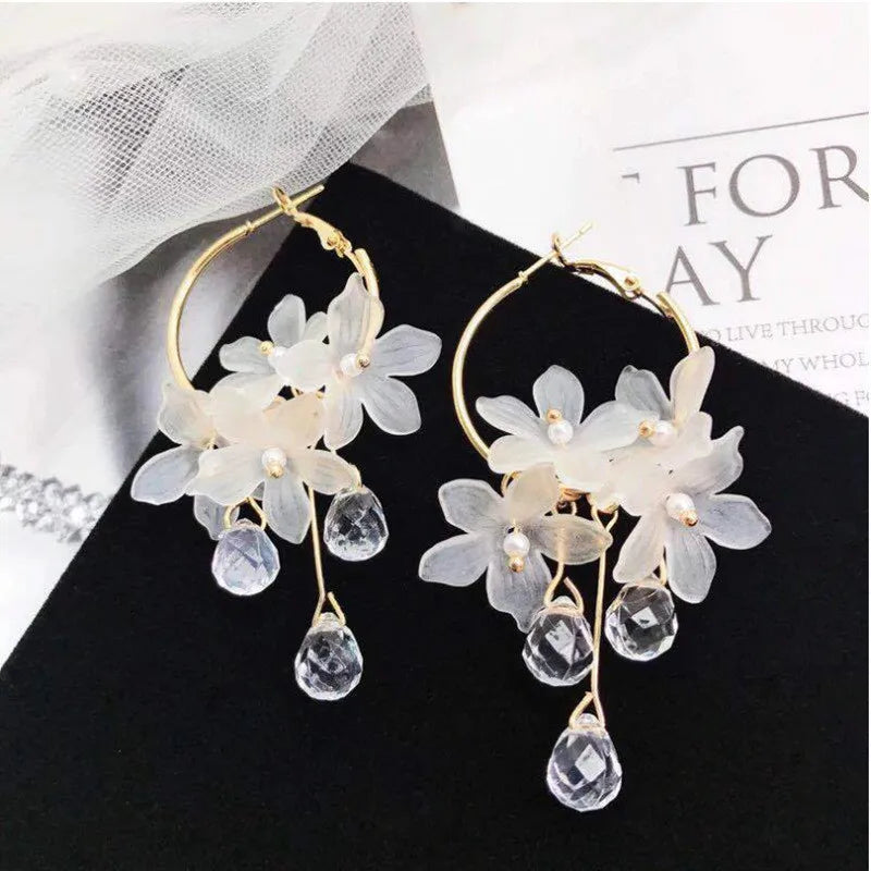 Korean Crystal Flower Drop Earrings - Elegant Tassel Earrings for Women