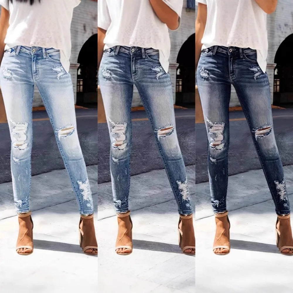 Women's Distressed Straight Leg Jeans - High Stretch Denim