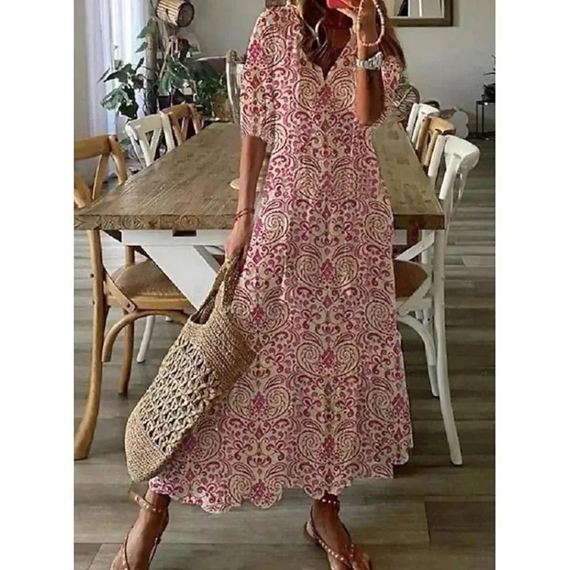 Women's Bohemian Floral Maxi Dress - V-Neck Half Sleeve Beach Dress