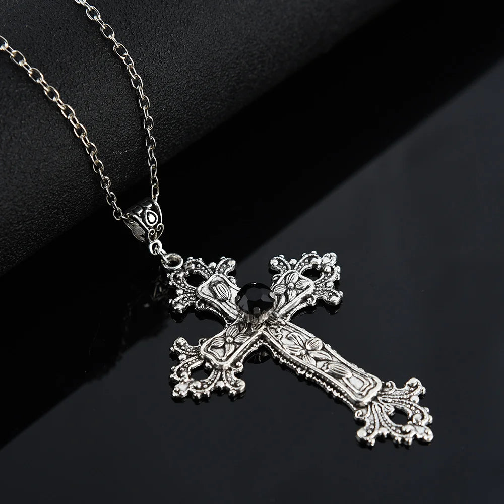 Punk Crystal Cross Pendant Necklace - Gothic Stainless Steel Choker