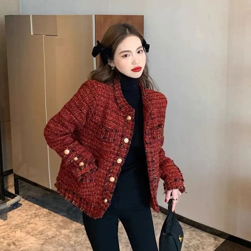 Women's Plaid Tweed Jacket - Short Thick Coat