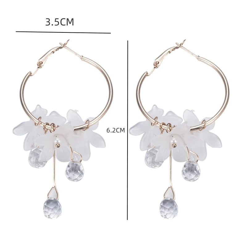 Korean Crystal Flower Drop Earrings - Elegant Tassel Earrings for Women