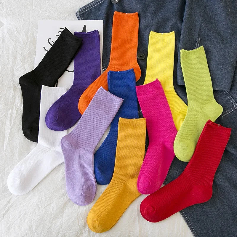 Women's Solid Color Crew Socks - Breathable Cotton Blend