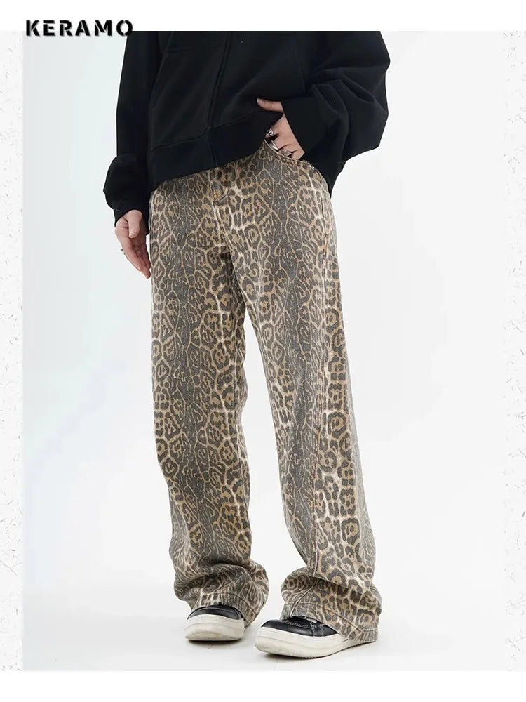Women's High-Waist Leopard Print Wide Leg Jeans