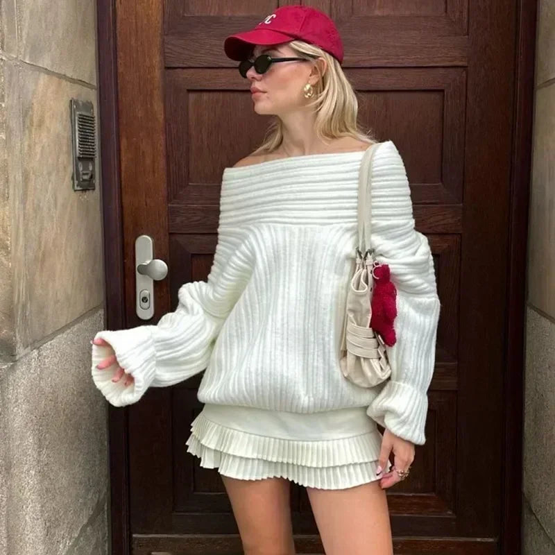 Off-Shoulder Sweater - Women's Retro Loose Pullover