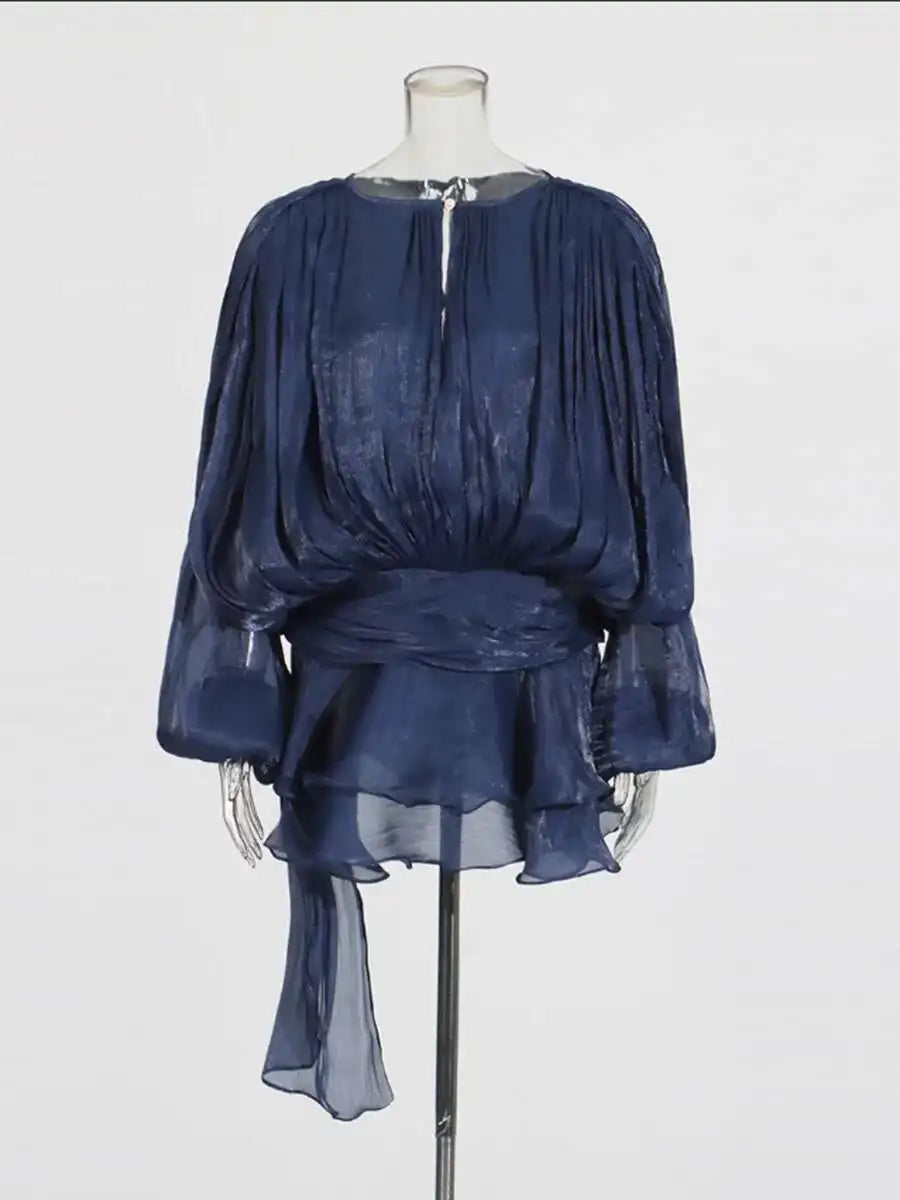Women's V-Neck Mini Dress with Long Sleeves - A-Line Blouse Dress