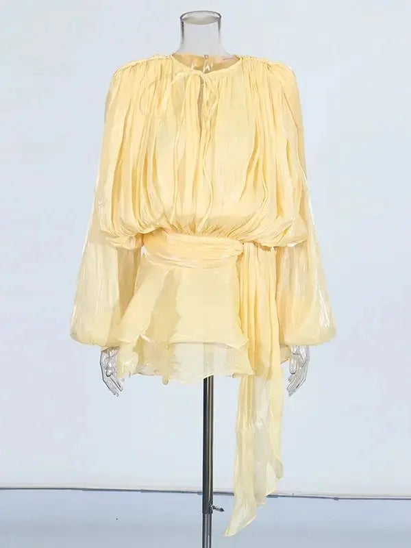 Women's V-Neck Mini Dress with Long Sleeves - A-Line Blouse Dress