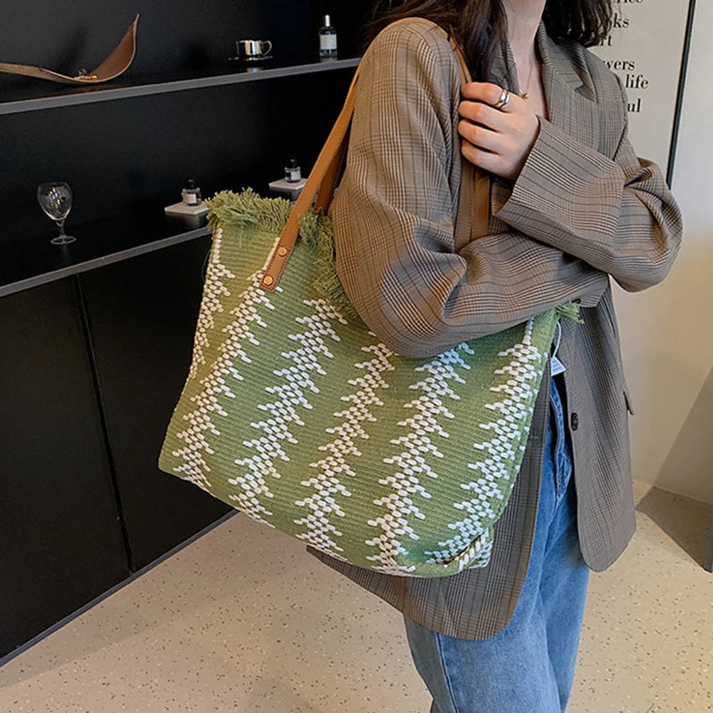 Women's Large Striped Tote Beach Bag with Top Handles