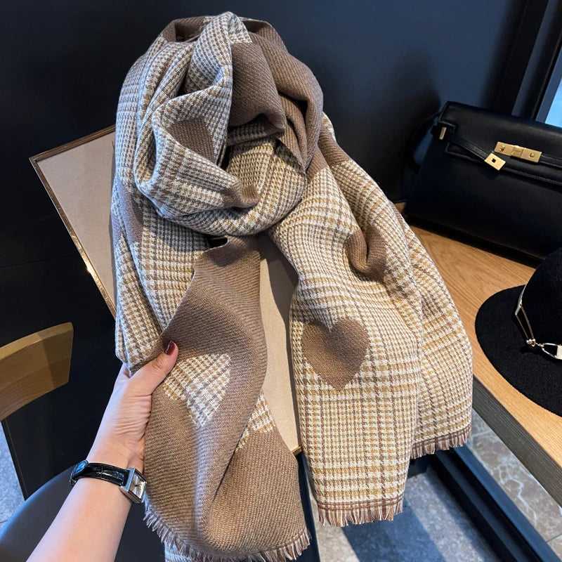 Women's Double-Sided Cashmere Scarf - Plaid Heart Pattern Winter Shawl