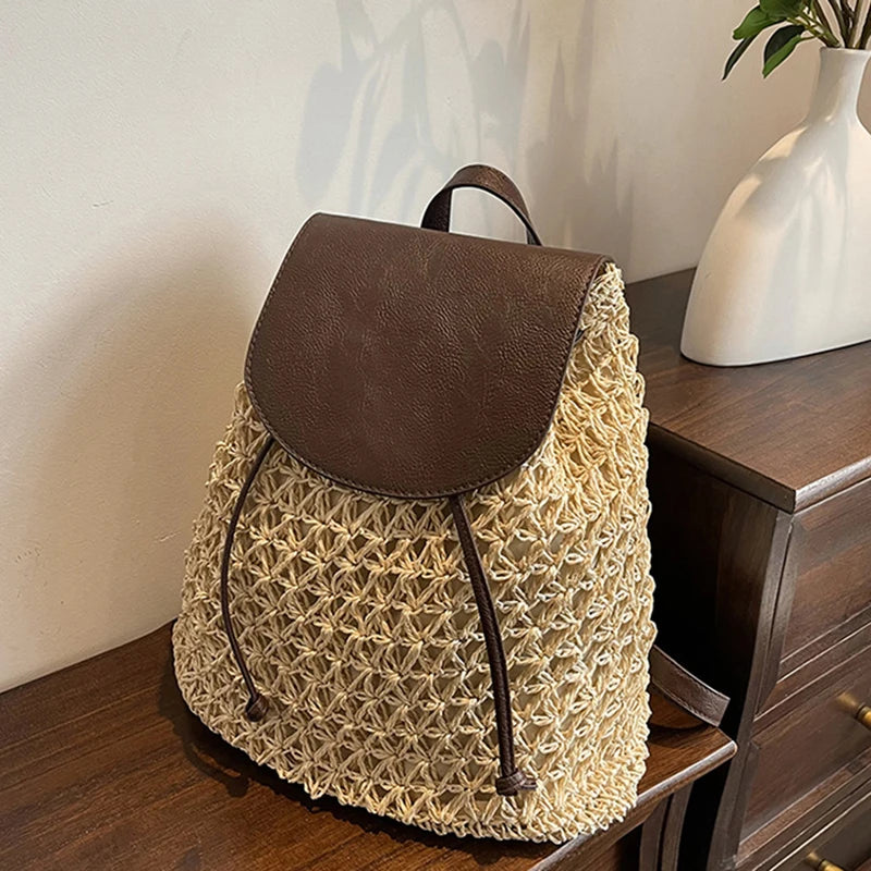 Bohemian Straw Backpack - Handwoven Summer Travel Bag