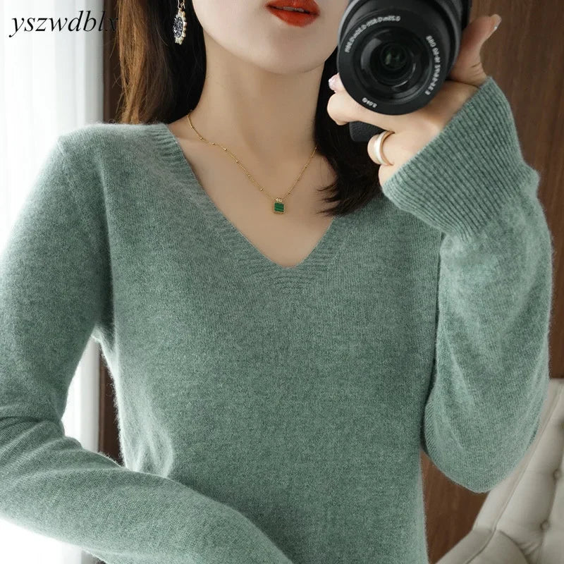 Casual V-Neck Sweater - Women's Solid Color Pullover