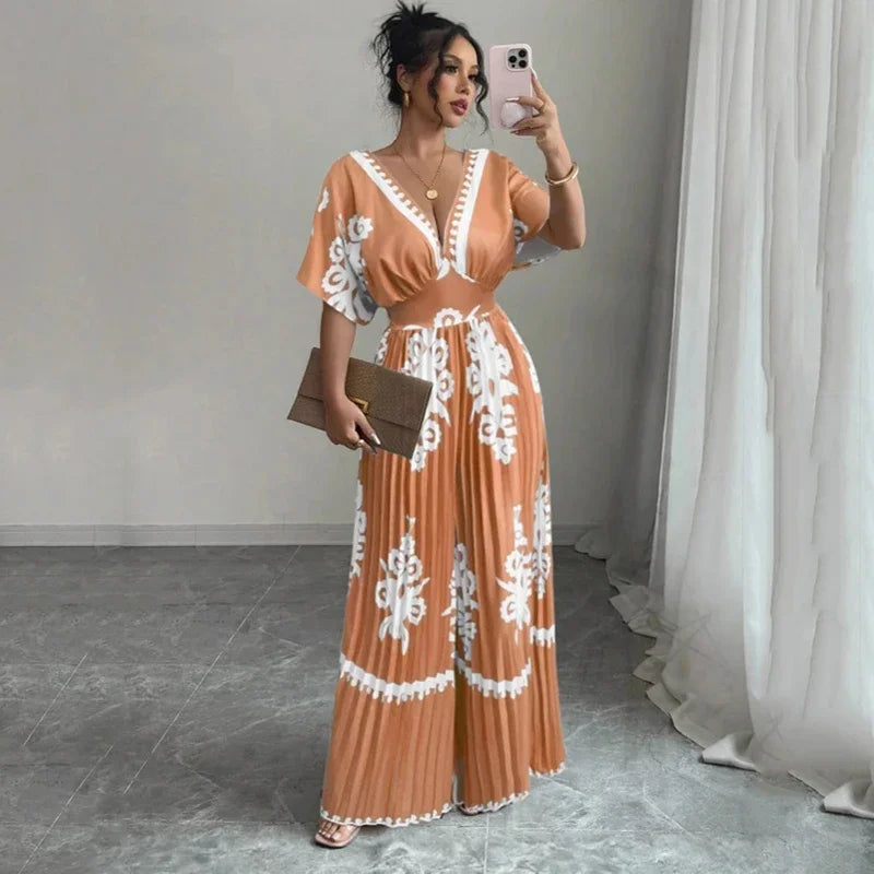Women's Printed Wide Leg Jumpsuit - V-Neck Backless Design