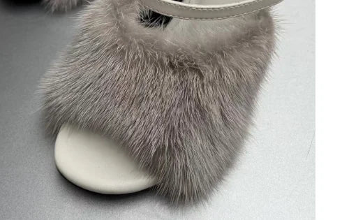 Women's Mink Fur High Heel Sandals - Slim Heel Party Shoes