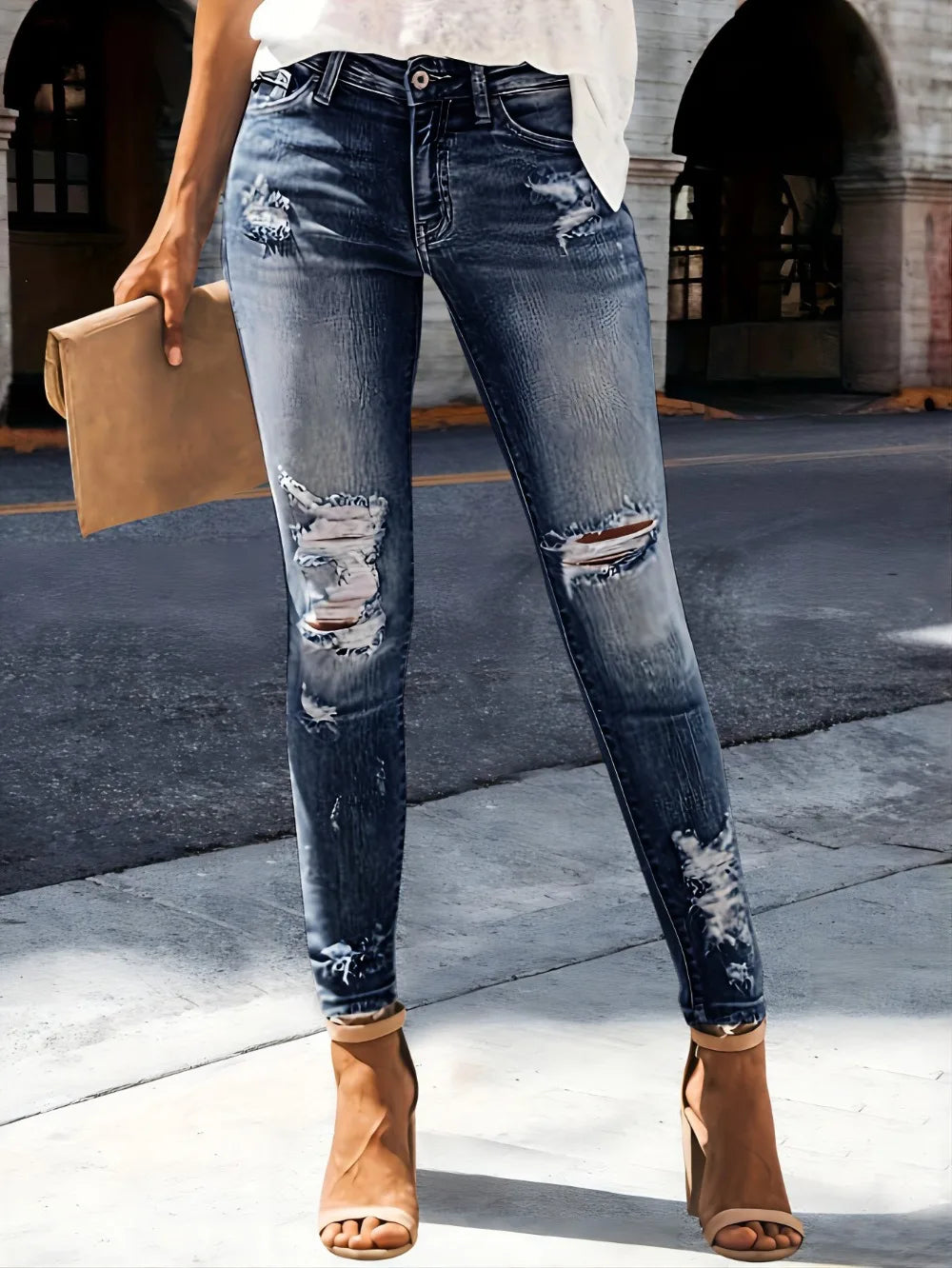 Women's Distressed Straight Leg Jeans - High Stretch Denim