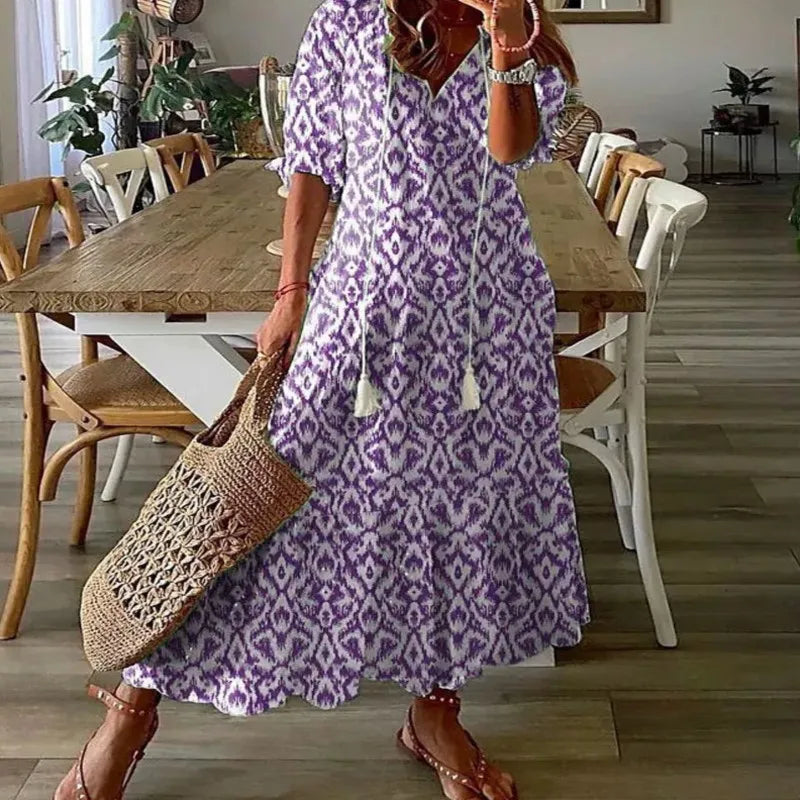 Women's Bohemian Floral Maxi Dress - V-Neck Half Sleeve Beach Dress