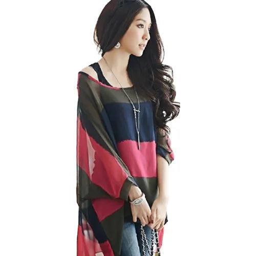 Women's Bohemian Chiffon Blouse - Plus Size Batwing Sleeve Summer Top