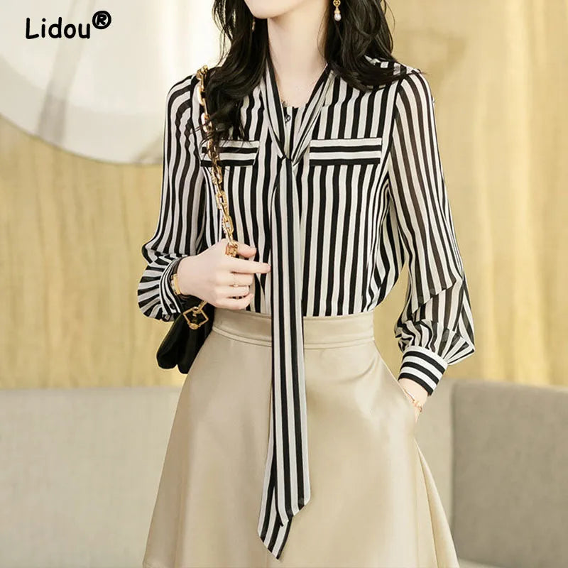 Striped Office Blouse - Elegant Long Sleeve Fashion Shirt