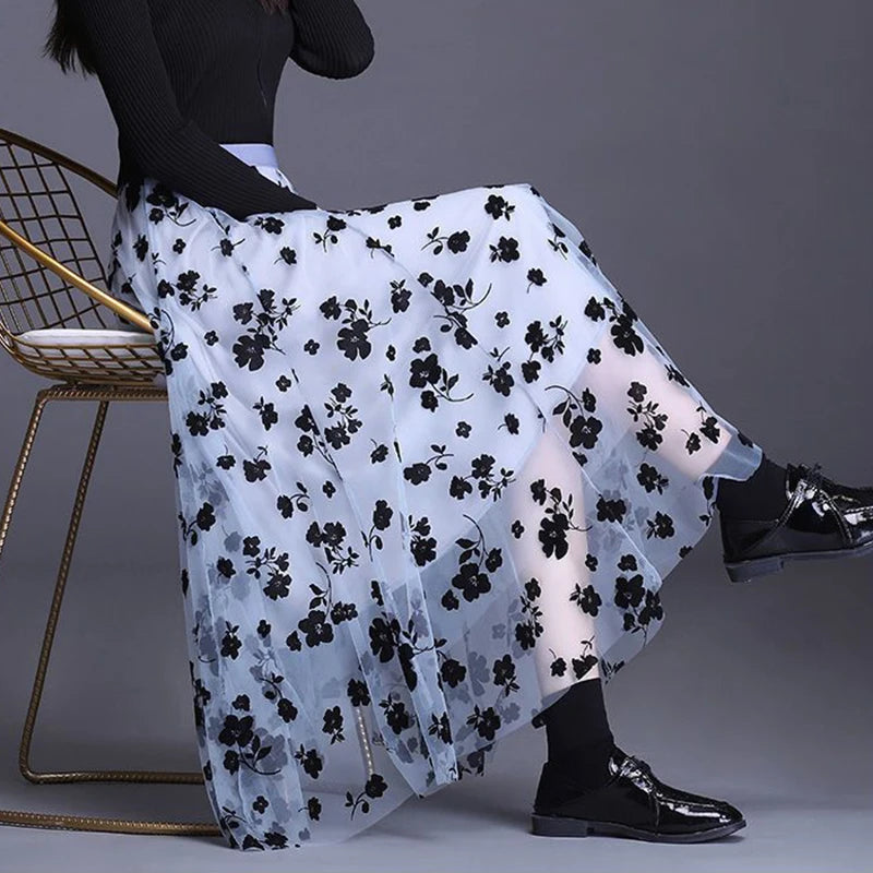 Korean Style Tulle Midi Skirt - Floral Mesh Fashion Skirt