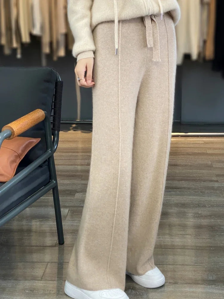 Women's Wool Knitted Wide Leg Pants - High Waist Casual Trousers