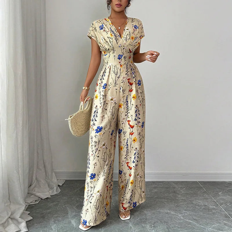 Women's Floral Print High Waist Jumpsuit - Short Sleeve Straight Leg