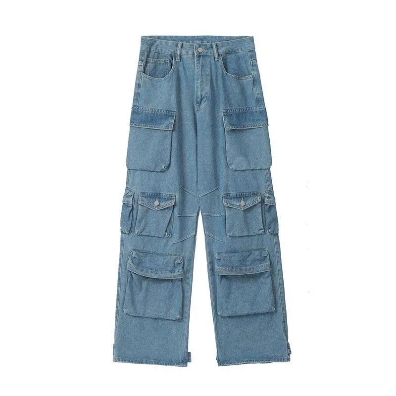 Cargo Jeans - Multi-Pocket Wide Leg Denim Pants