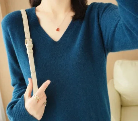 Casual V-Neck Sweater - Women's Solid Color Pullover