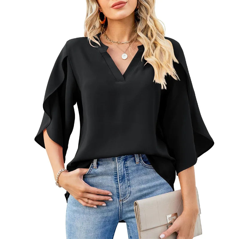 Summer Chiffon Blouse - Short Flare Sleeve V-Neck Top