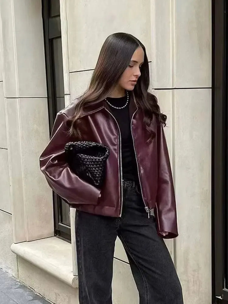 Women's Wine Red Faux Leather Jacket - Streetwear PU Coat