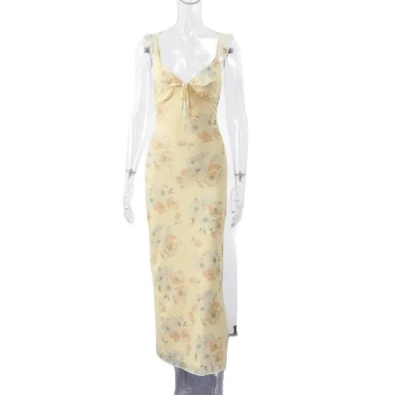 Women's Floral Print V-Neck Maxi Dress - Sleeveless Beach Vacation Dress