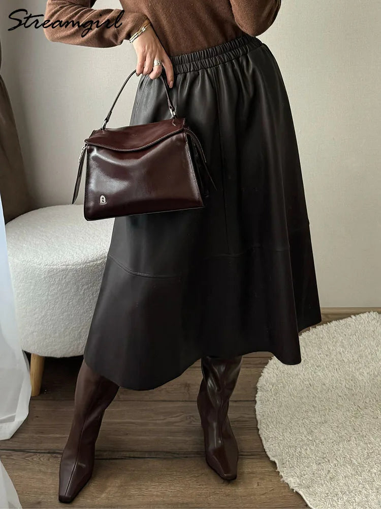 Women's Faux Leather Midi Skirt with Pockets - A-Line Elastic Waist