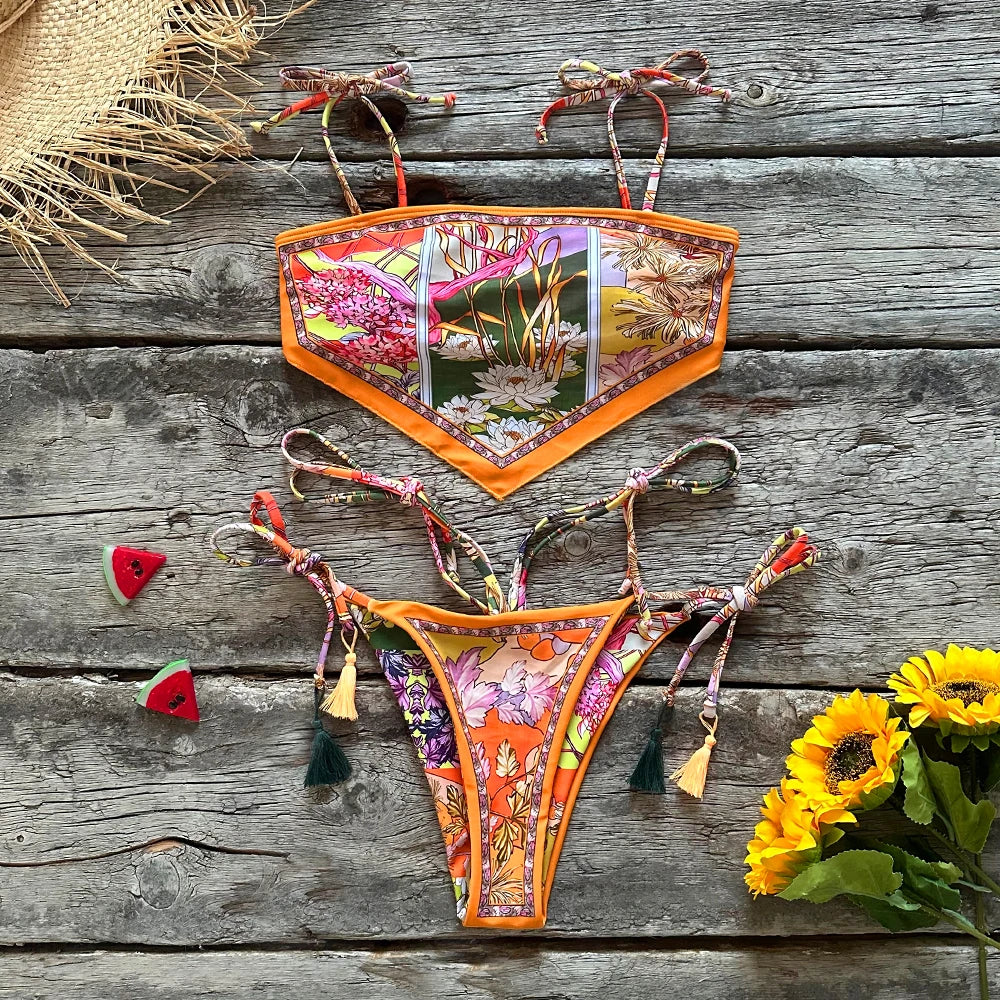 Brazilian Print Bikini Set - Women's Halter Swimsuit