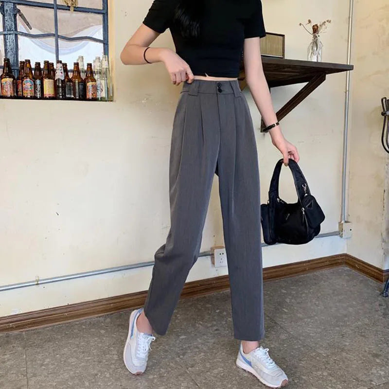 Women's High-Waisted Straight Leg Pants - Casual Office Wear