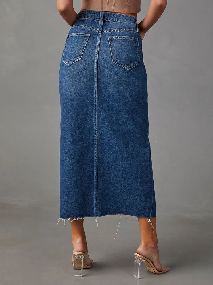 Women's High Waist A-Line Denim Midi Skirt