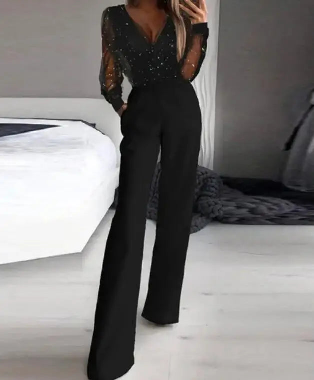 Women's Sequin Mesh Jumpsuit - Long Sleeve V-Neck