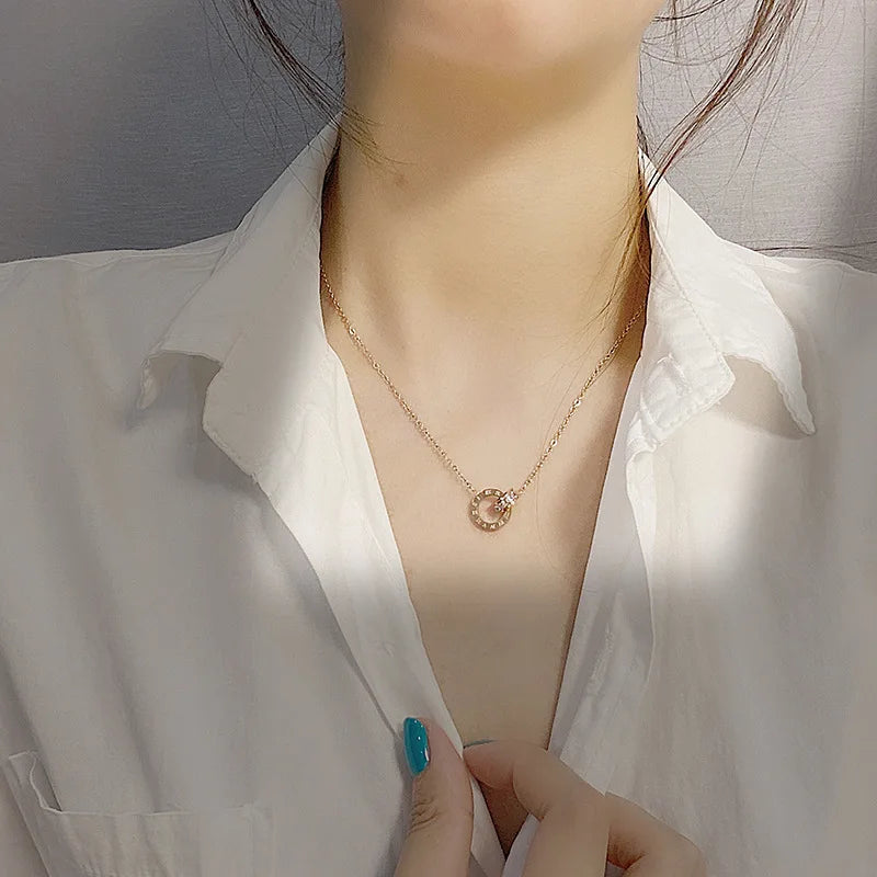 Stainless Steel Crystal Circle Pendant Necklace with Roman Numerals