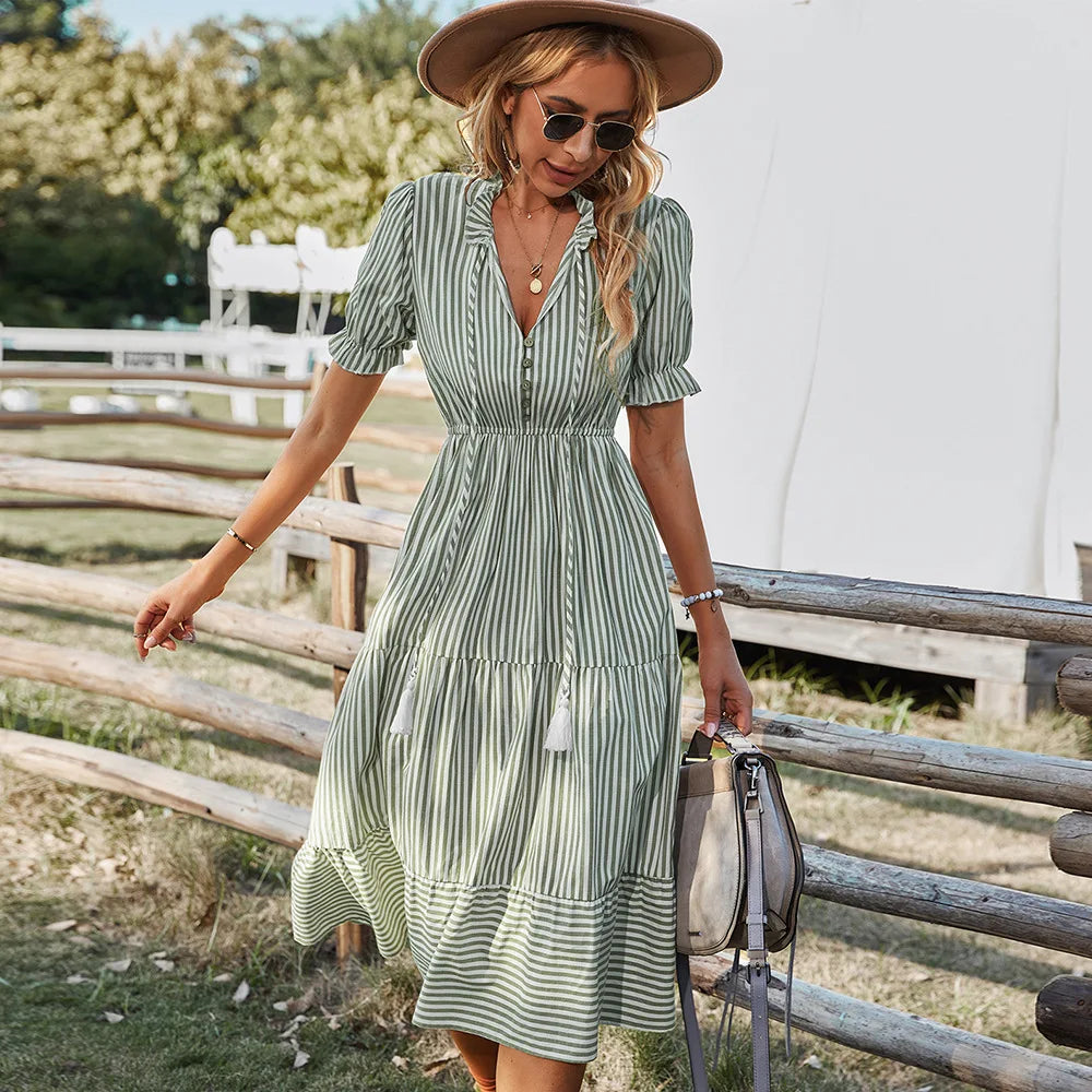 Women's Striped V-Neck Midi Dress with Lantern Sleeves