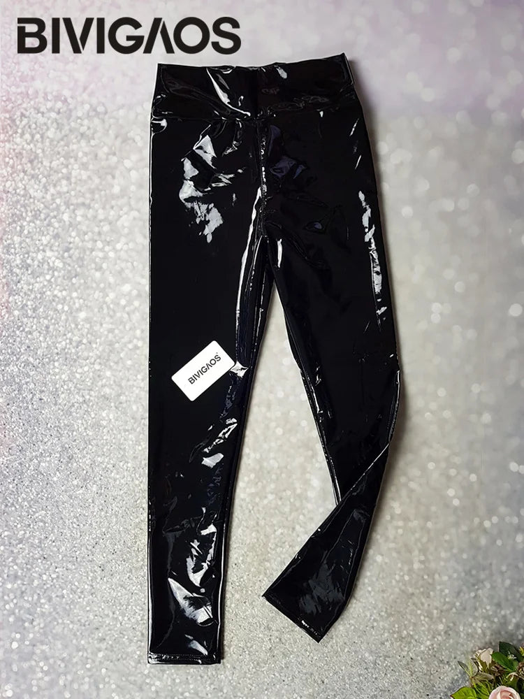 Women's High-Waist Faux Leather Leggings - Reflective Shiny Finish