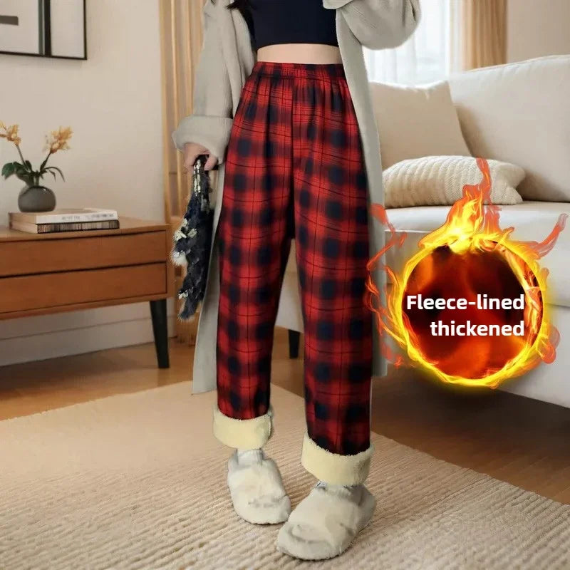 Women's High-Waisted Plaid Fleece-Lined Trousers