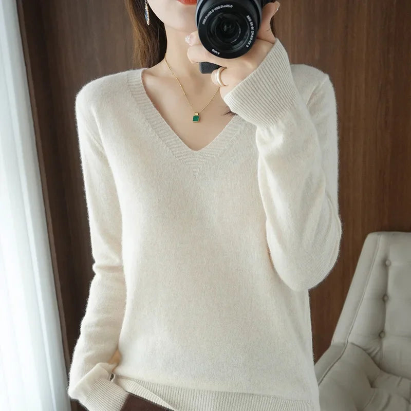 Casual V-Neck Sweater - Women's Solid Color Pullover