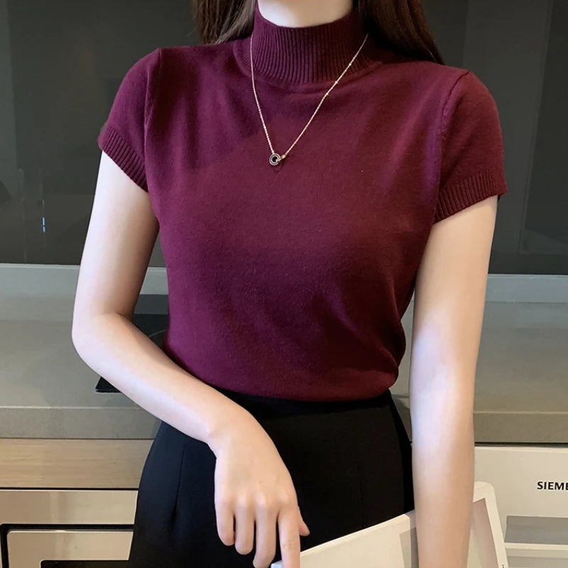 Half-High Neck T-Shirt - Korean Fashion Casual Jumper