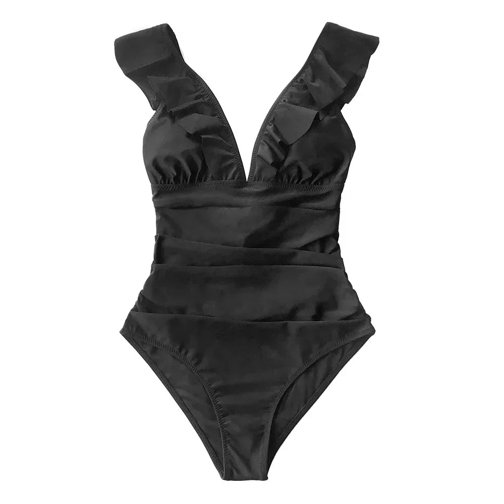 Ruffled One-Piece Swimsuit - Sexy V-Neck Monokini