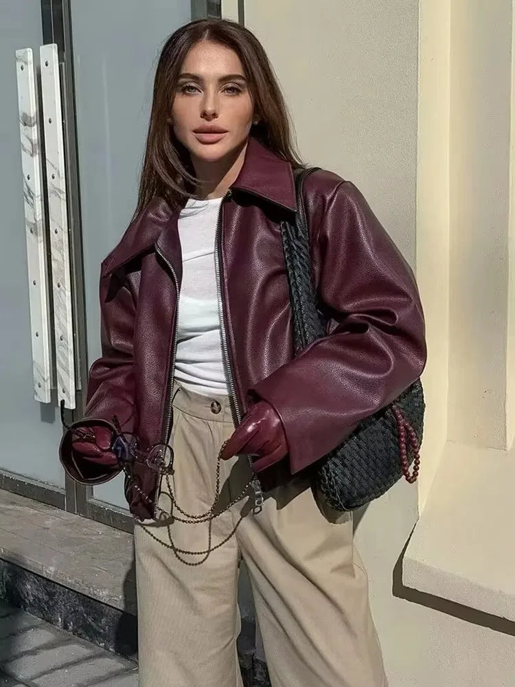 Women's Wine Red Faux Leather Jacket - Streetwear PU Coat