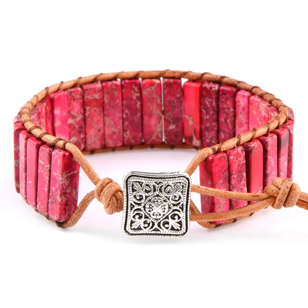 Multicolor Natural Stone Leather Wrap Bracelet - Adjustable Tibetan Bead Jewelry
