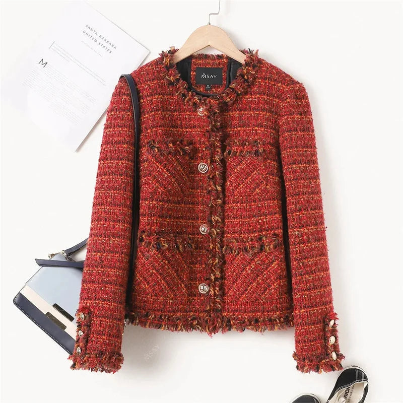 Women's Plaid Tweed Jacket - Short Thick Coat
