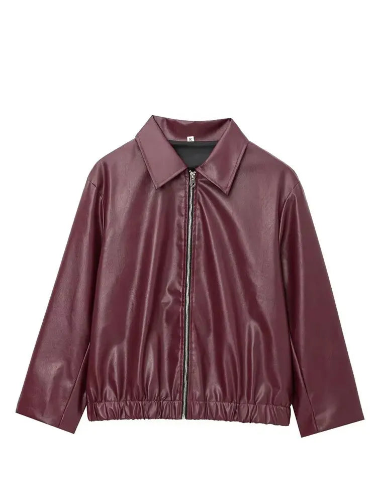 Women's Wine Red Faux Leather Jacket - Streetwear PU Coat