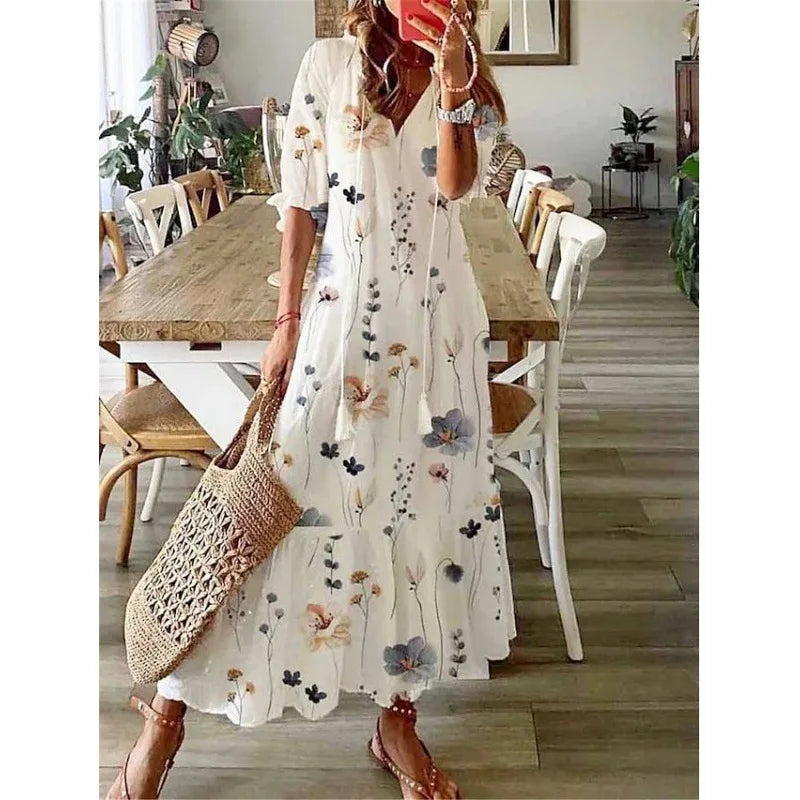 Women's Bohemian Floral Maxi Dress - V-Neck Half Sleeve Beach Dress
