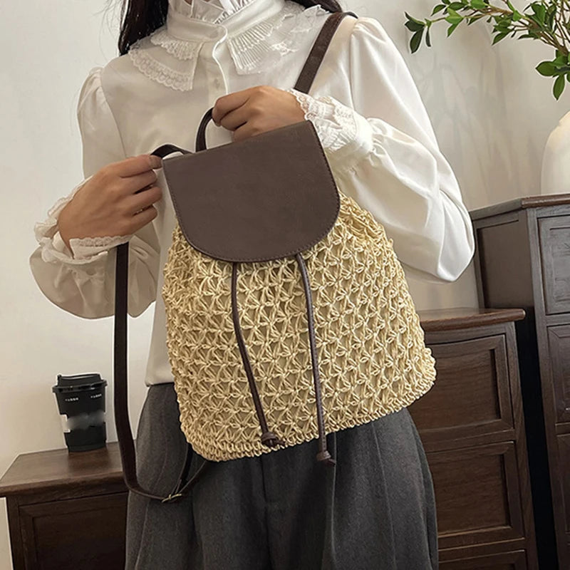 Bohemian Straw Backpack - Handwoven Summer Travel Bag